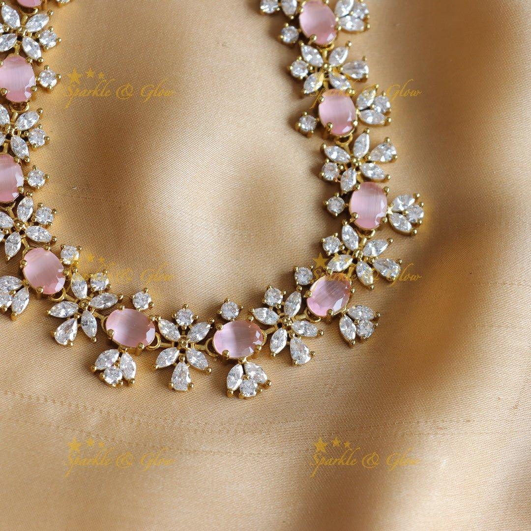 Sparkling Oval stone and floral design AD short necklace - red - Sparkle and Glow