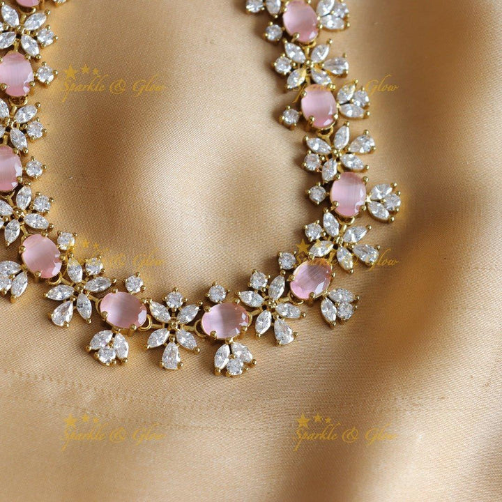 Sparkling Oval stone and floral design AD short necklace - red - Sparkle and Glow