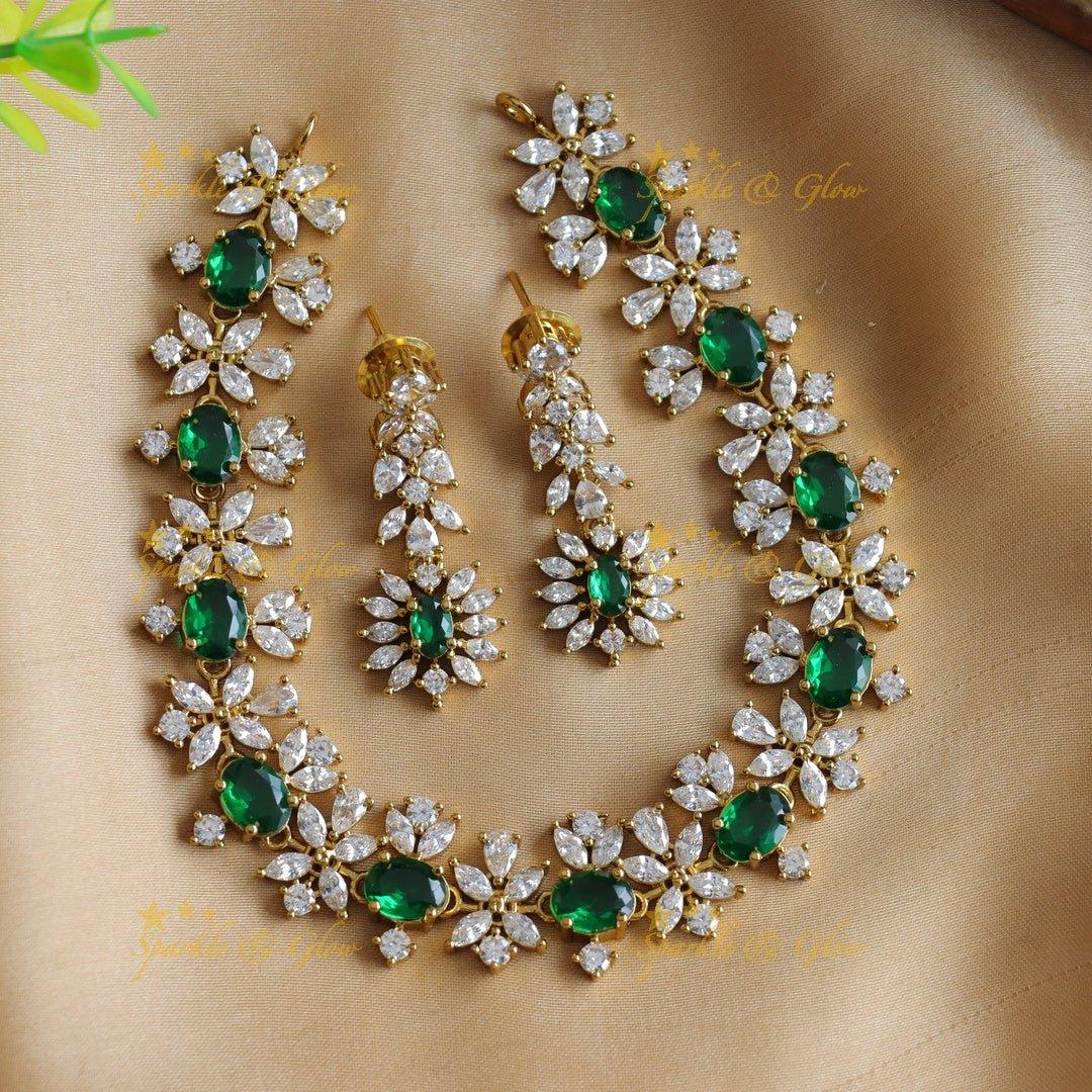 Sparkling Oval stone and floral design AD short necklace - red - Sparkle and Glow