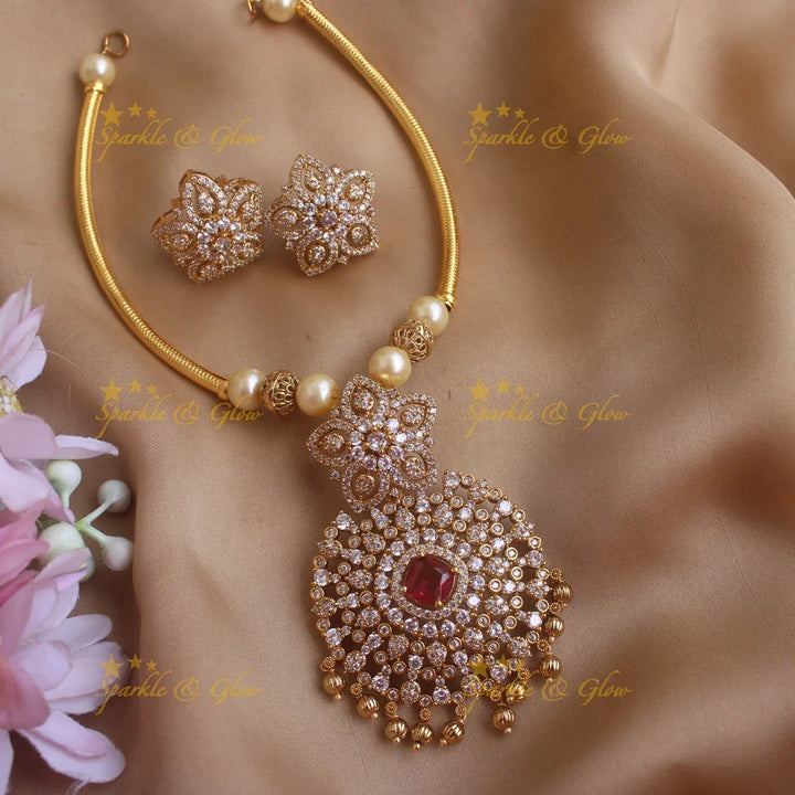 Elegant Star floral pendant Hasli necklace with AD stones - Sparkle and Glow