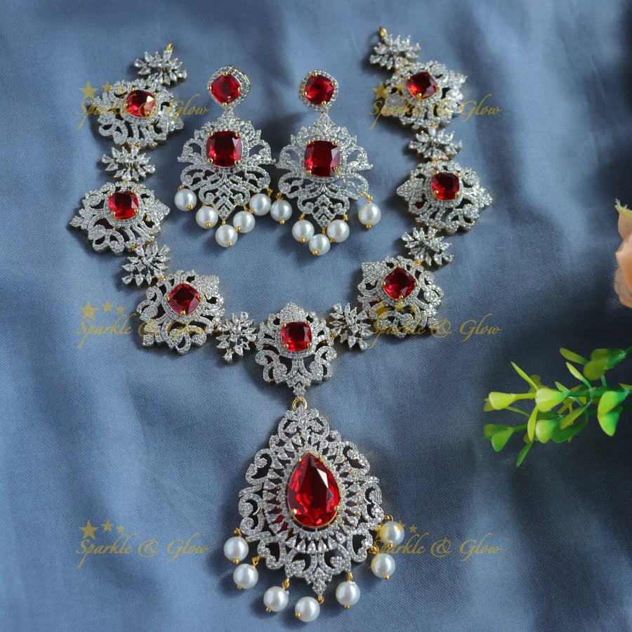 Sparkling Peacock Floral American Diamond Short necklace - Sparkle and Glow