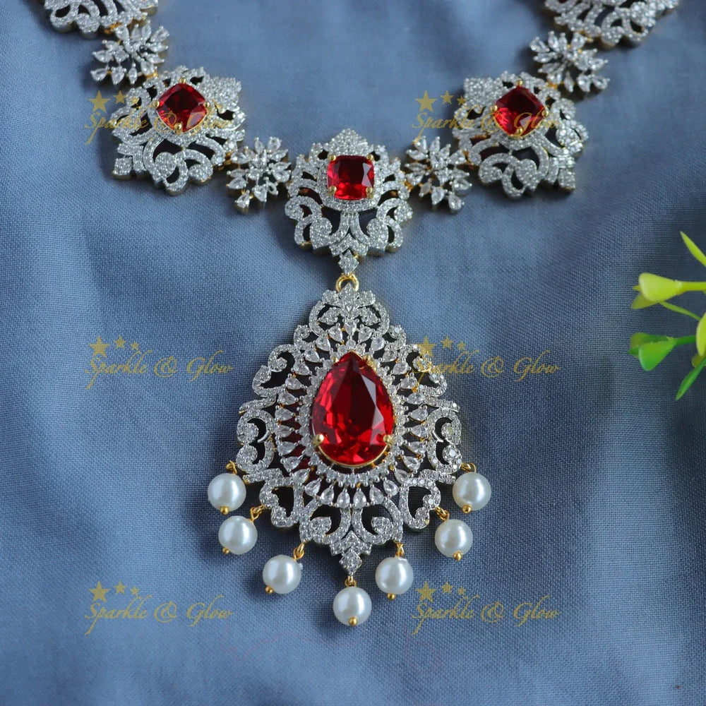 Sparkling Peacock Floral American Diamond Short necklace - Sparkle and Glow