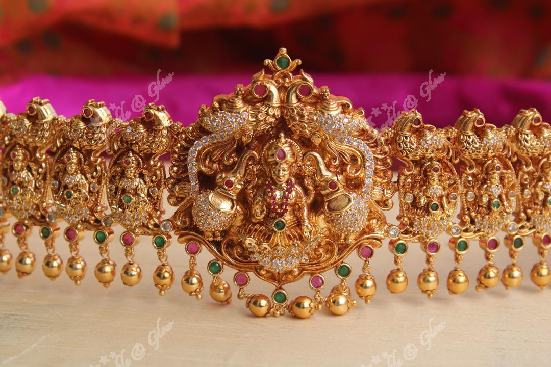 Intricately carved Lakshmi hipbelt with AD Stones - Sparkle and Glow