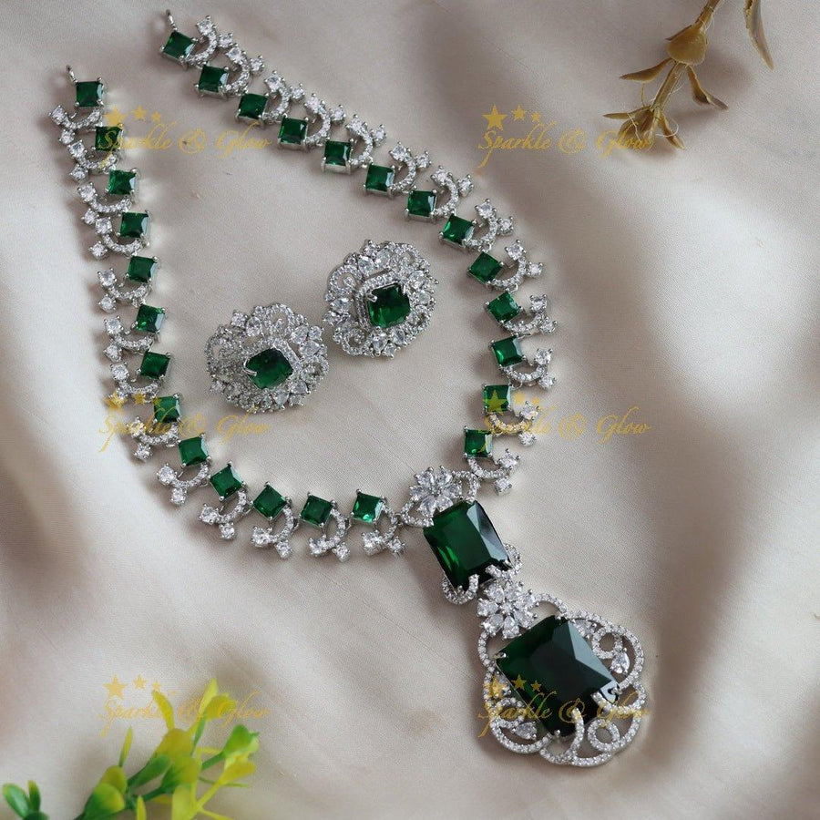 Glittering Floral design Square stone AD short necklace with emeralds - green - Sparkle and Glow