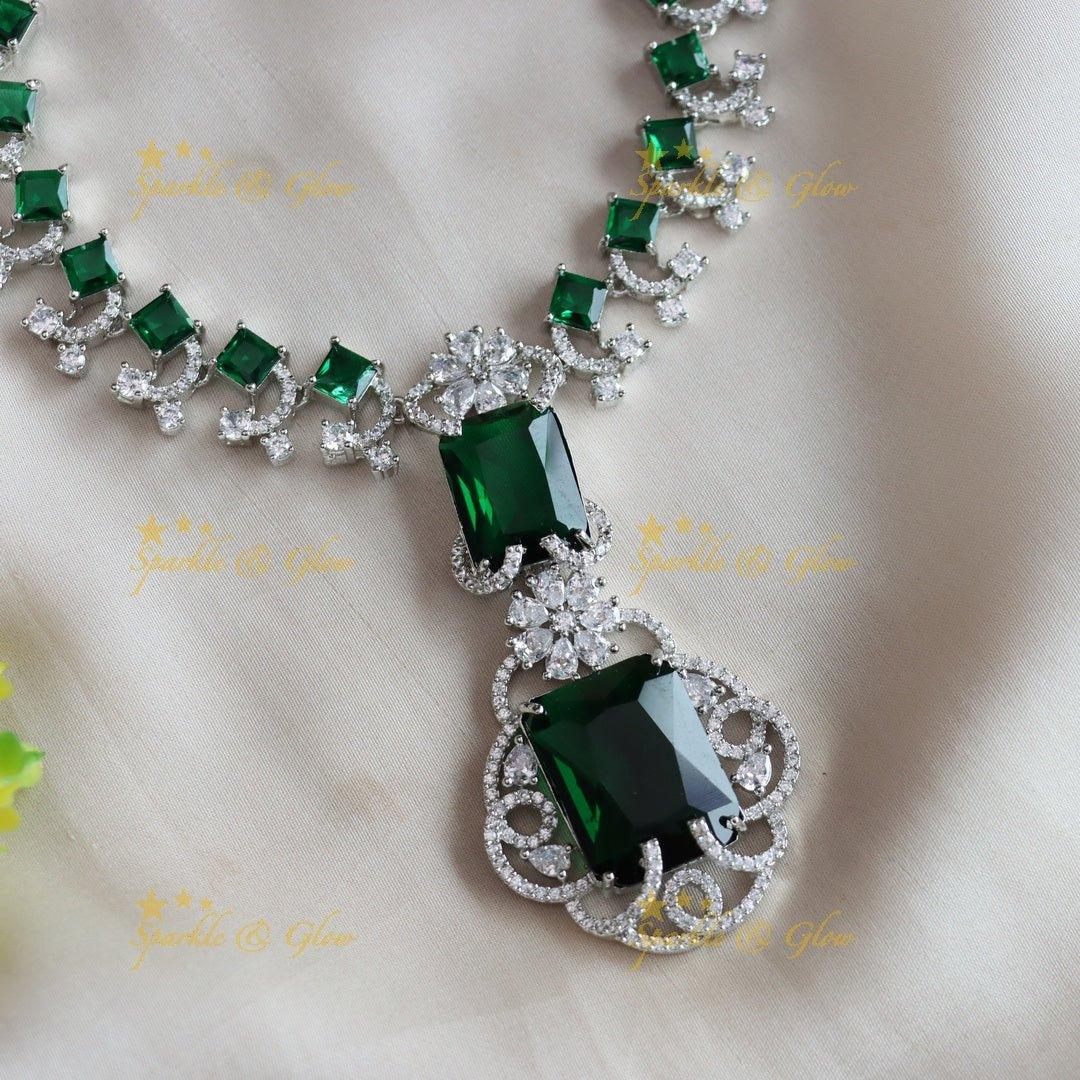 Glittering Floral design Square stone AD short necklace with emeralds - green - Sparkle and Glow