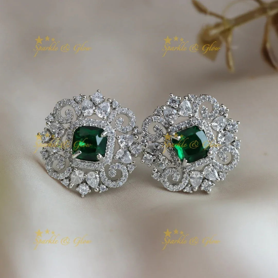 Glittering Floral design Square stone AD short necklace with emeralds - green - Sparkle and Glow