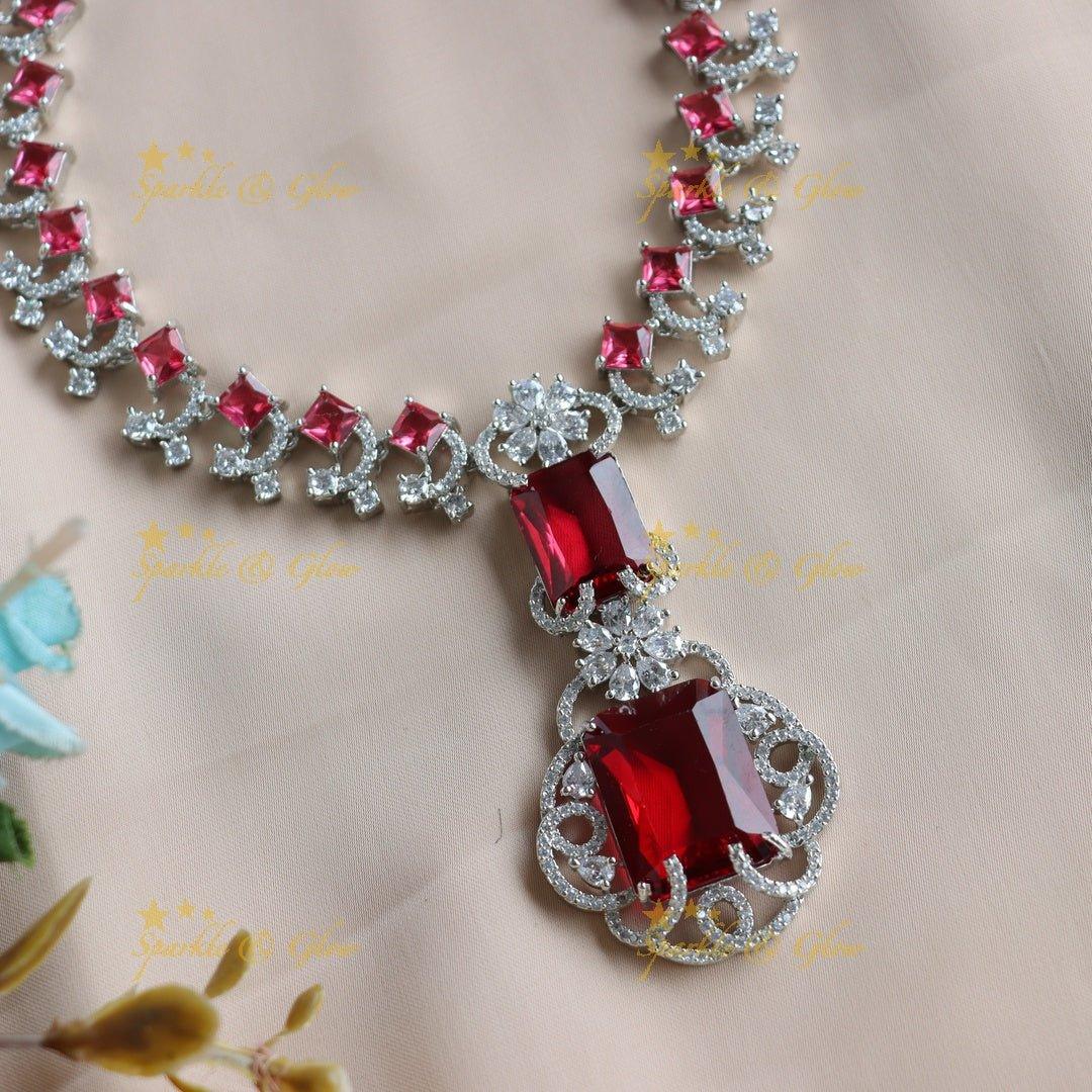 Glittering Floral design Square stone AD short necklace with emeralds - green - Sparkle and Glow