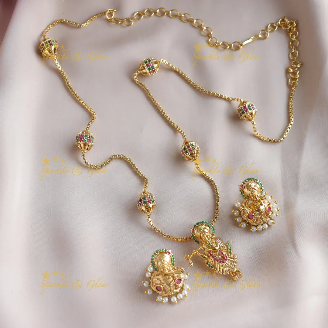 Beautiful gold alike krishna pendant chain haram with multi colour stones - Sparkle and Glow