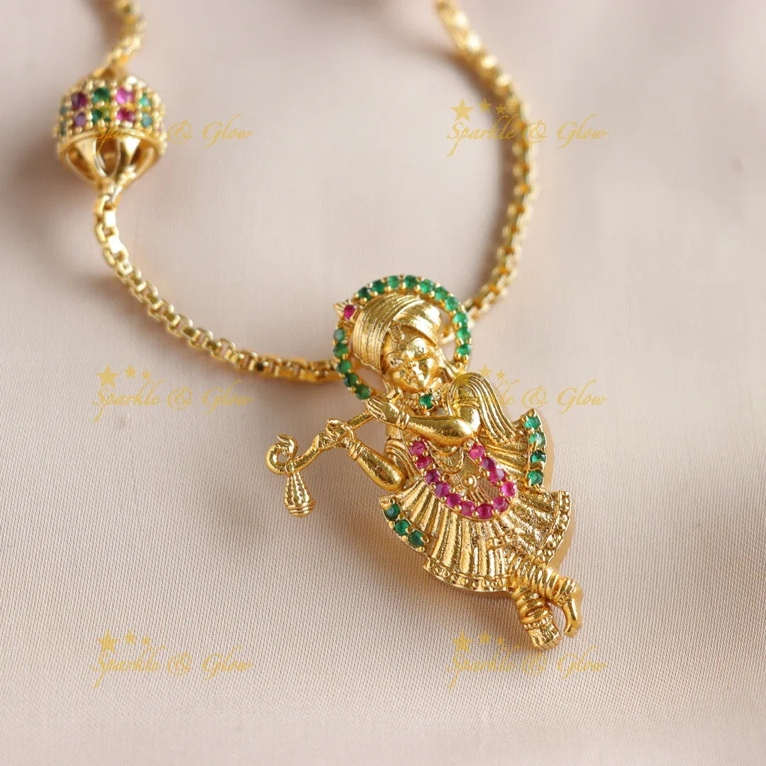 Beautiful gold alike krishna pendant chain haram with multi colour stones - Sparkle and Glow