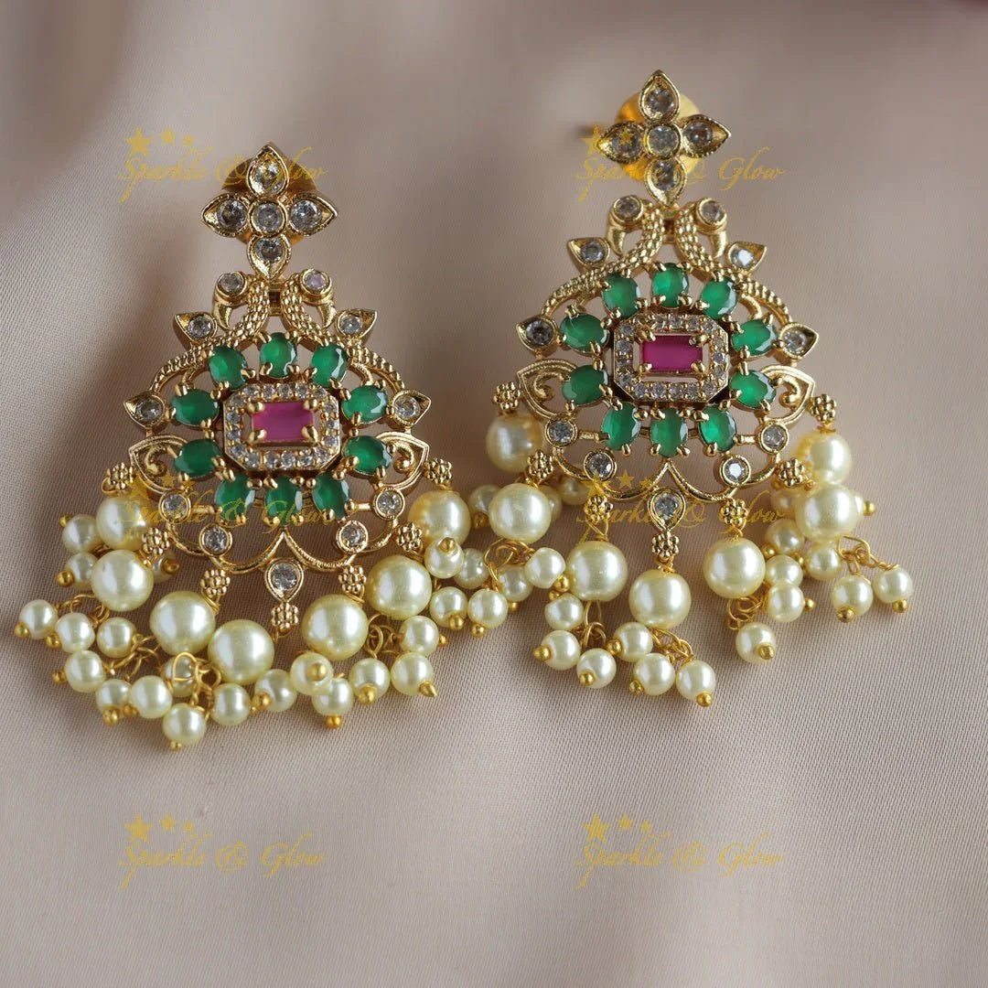 Gorgeous Floral peacock pendant haram with multi layer rice pearl chain and ruby emerald - pink - Sparkle and Glow