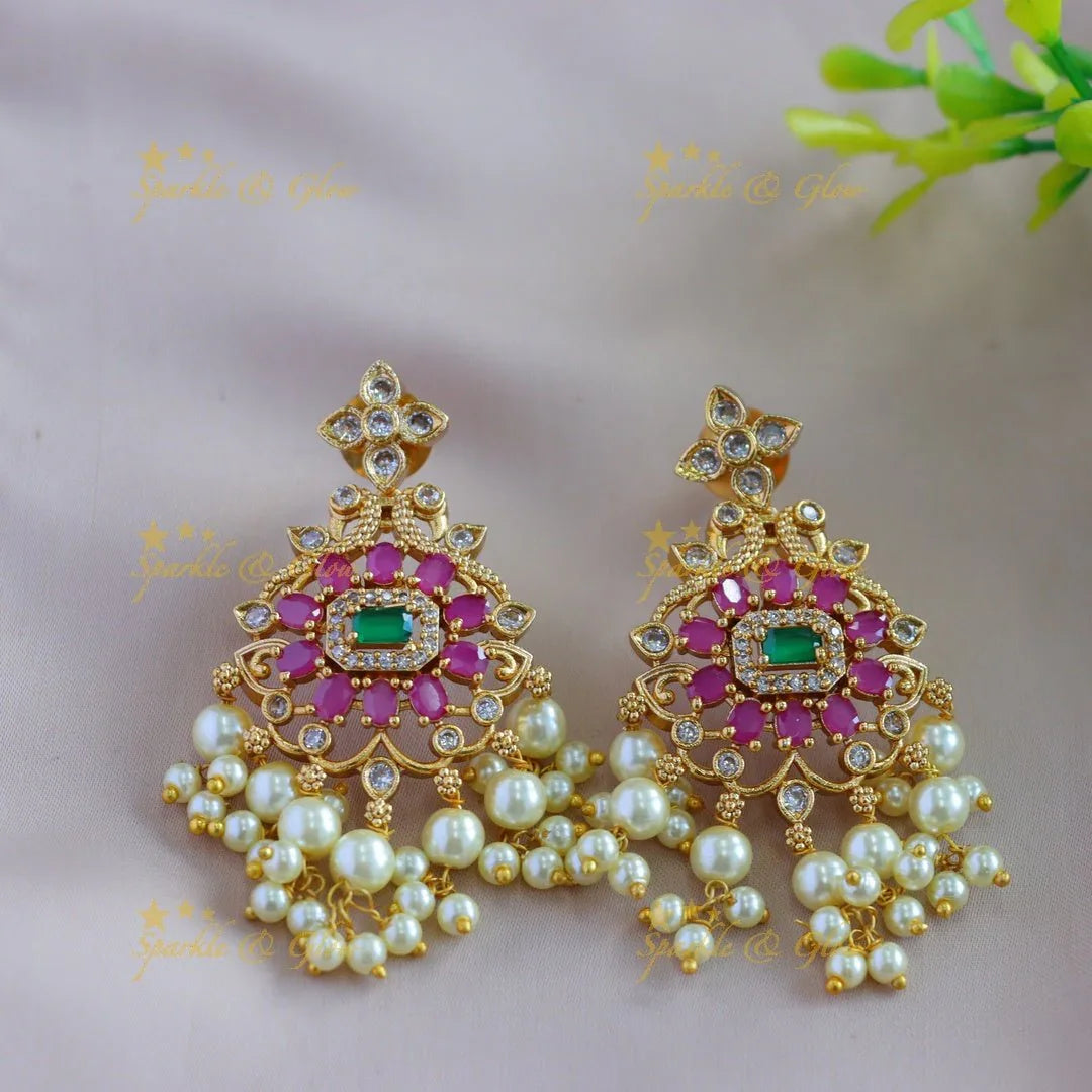 Gorgeous Floral peacock pendant haram with multi layer rice pearl chain and ruby emerald - pink - Sparkle and Glow