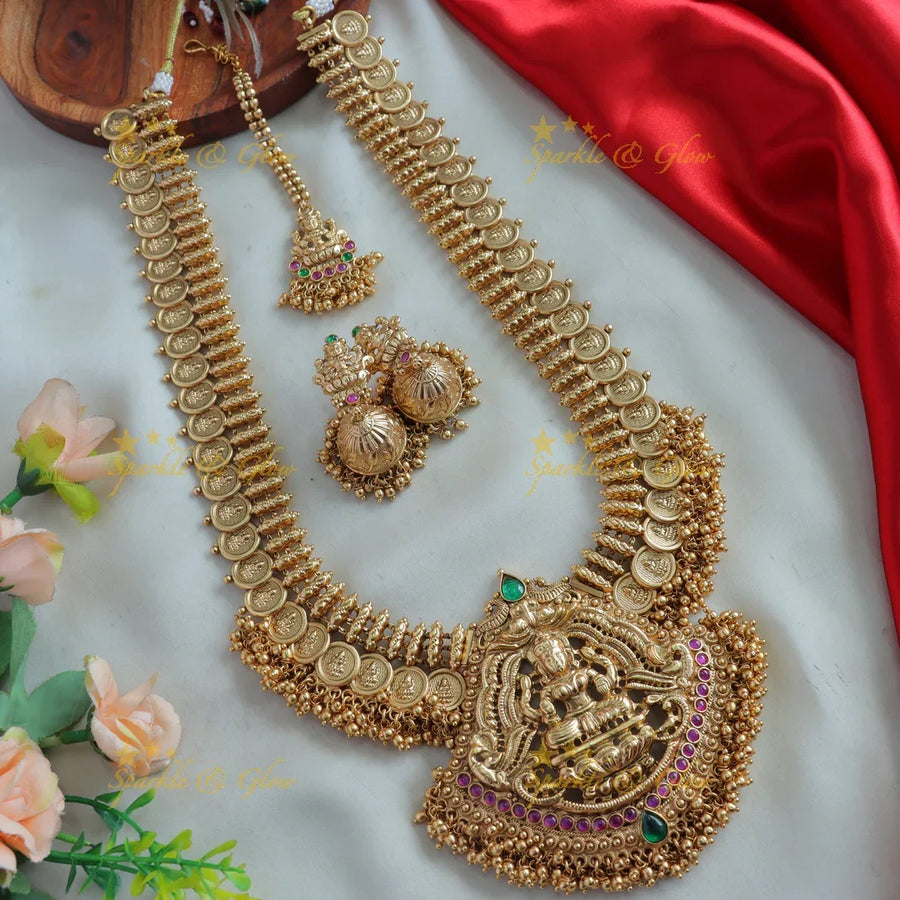 Statement Lakshmi coin long necklace with ruby emerald and cluster gold beads with maang tikka - Sparkle and Glow
