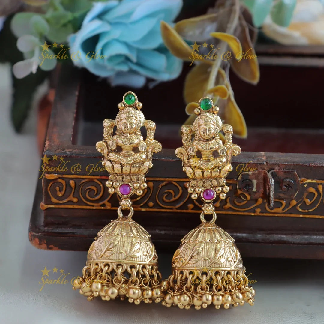 Statement Lakshmi coin long necklace with ruby emerald and cluster gold beads with maang tikka - Sparkle and Glow