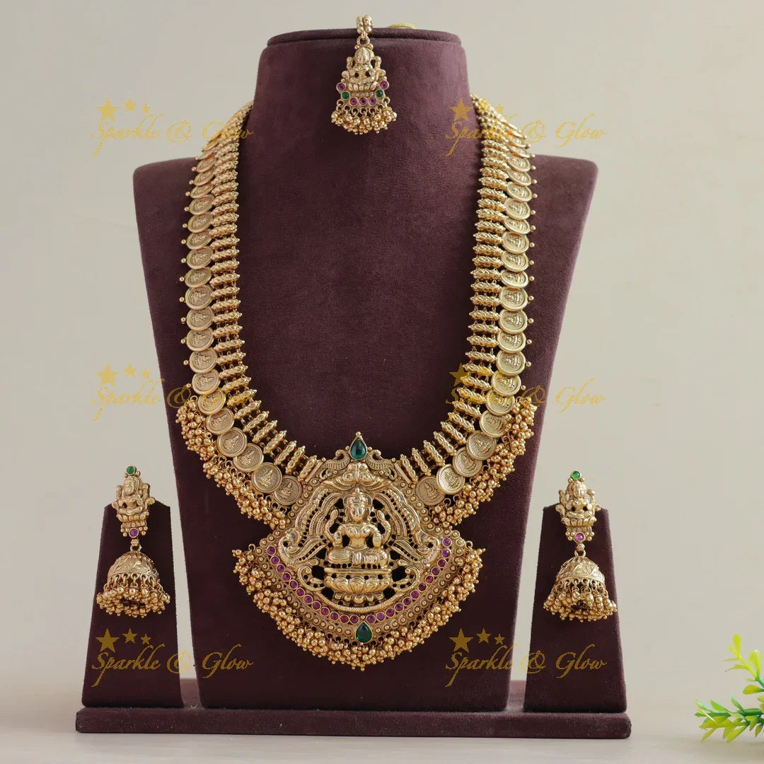 Statement Lakshmi coin long necklace with ruby emerald and cluster gold beads with maang tikka - Sparkle and Glow