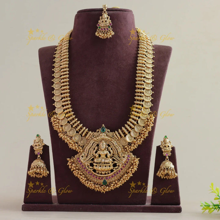 Statement Lakshmi coin long necklace with ruby emerald and cluster gold beads with maang tikka - Sparkle and Glow