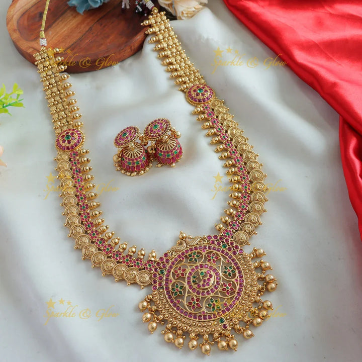 Stunning Floral peacock design coin long necklace with ruby emerald and gold beads - Sparkle and Glow