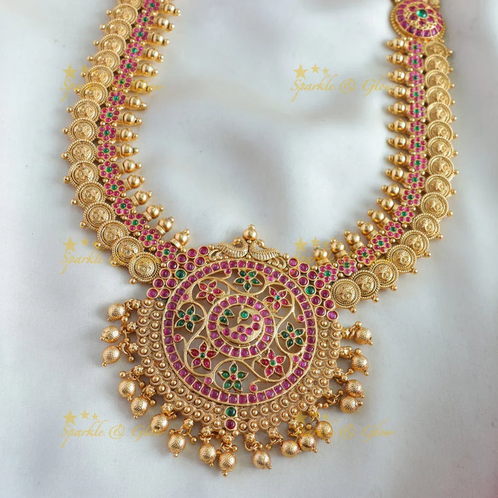 Stunning Floral peacock design coin long necklace with ruby emerald and gold beads - Sparkle and Glow