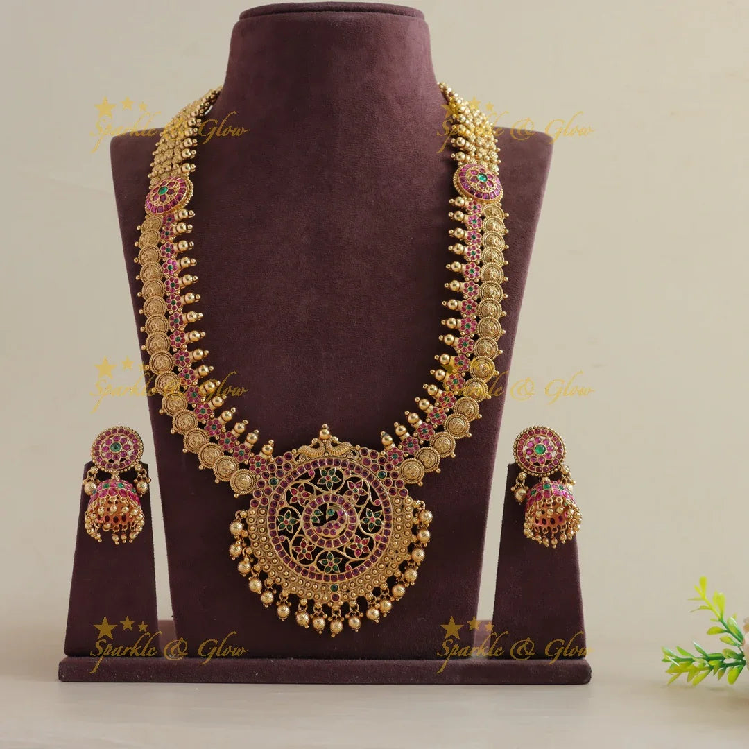 Stunning Floral peacock design coin long necklace with ruby emerald and gold beads - Sparkle and Glow