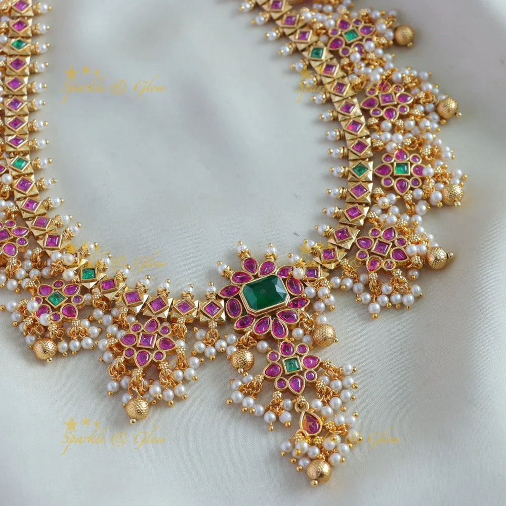 Elegant Floral gutta pusalu haram with ruby emerald and gold beads - Sparkle and Glow