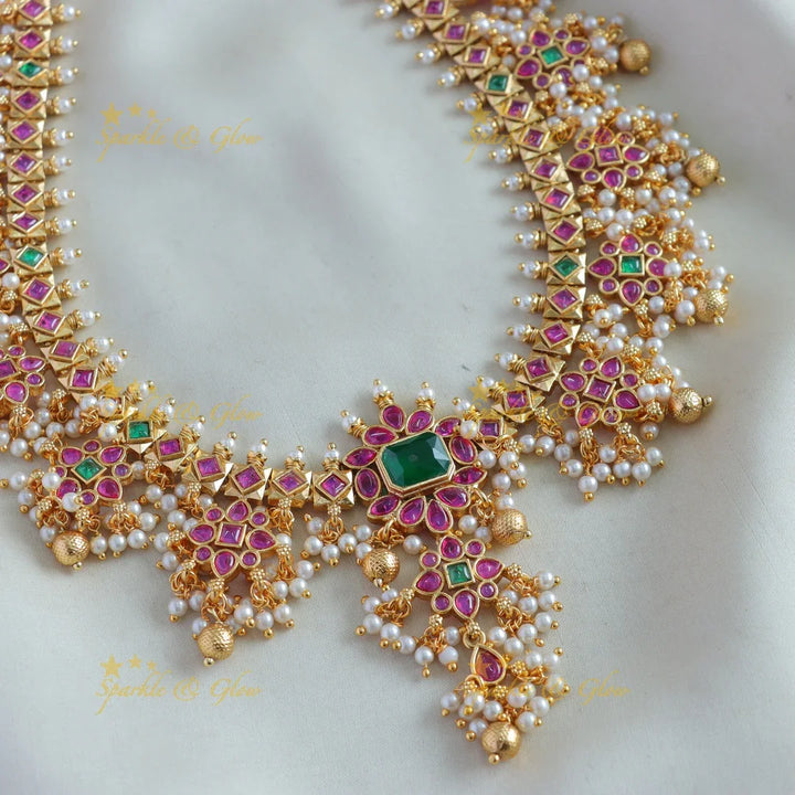 Elegant Floral gutta pusalu haram with ruby emerald and gold beads - Sparkle and Glow