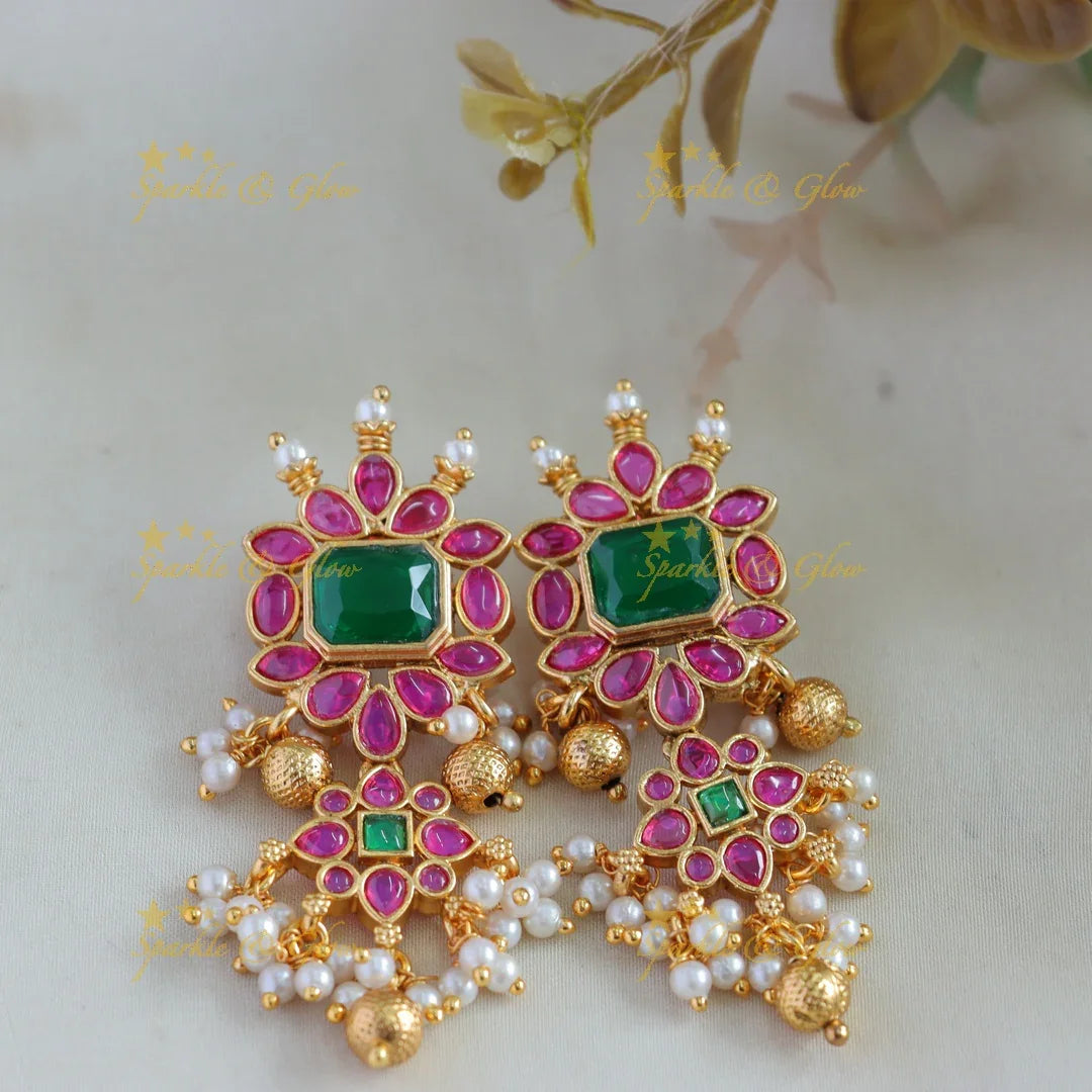 Elegant Floral gutta pusalu haram with ruby emerald and gold beads - Sparkle and Glow