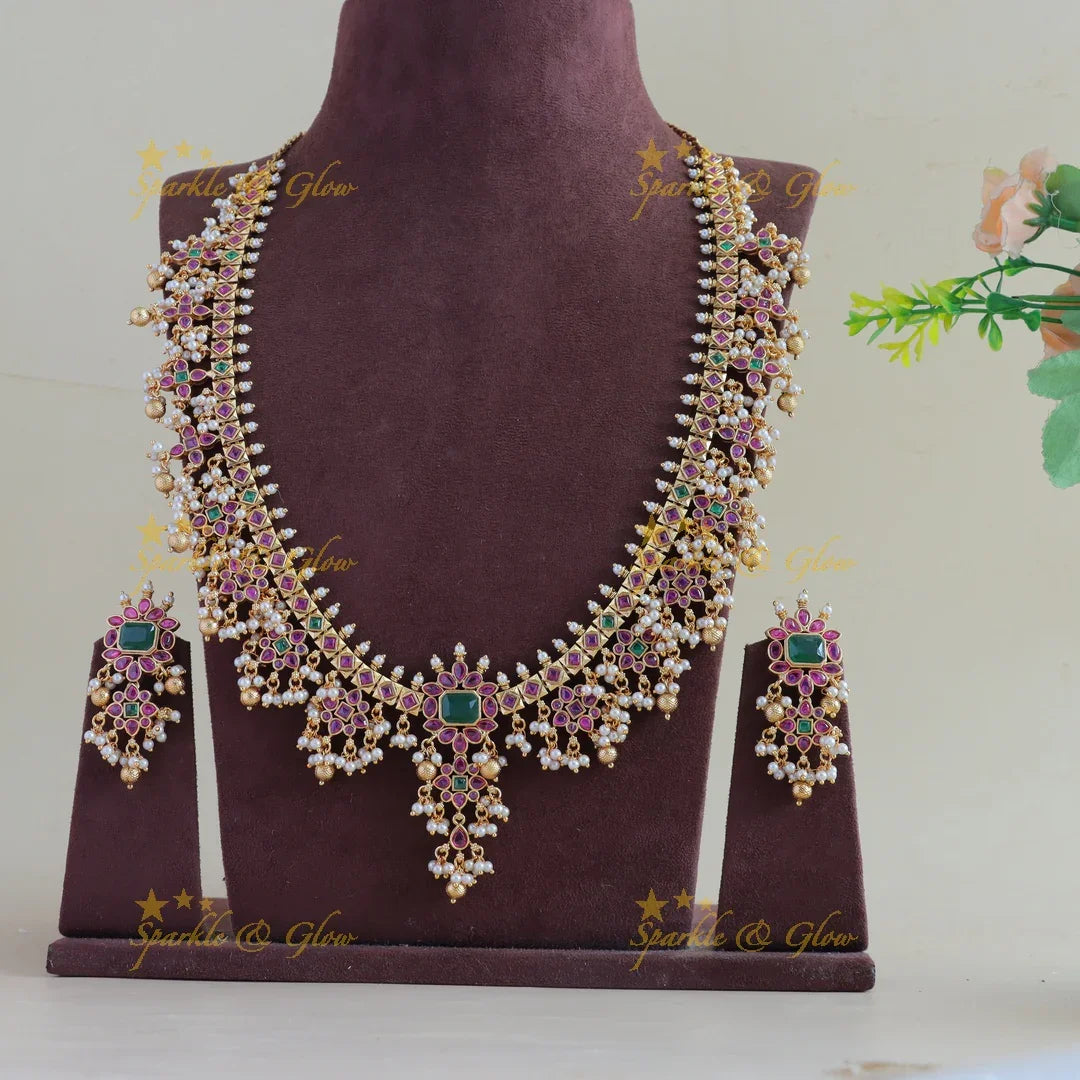 Elegant Floral gutta pusalu haram with ruby emerald and gold beads - Sparkle and Glow