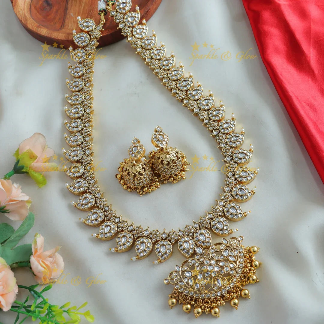 Exclusive Floral mango jadau long necklace with gold beads - Sparkle and Glow