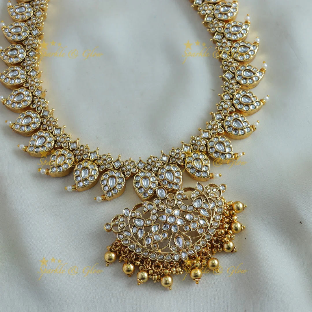 Exclusive Floral mango jadau long necklace with gold beads - Sparkle and Glow