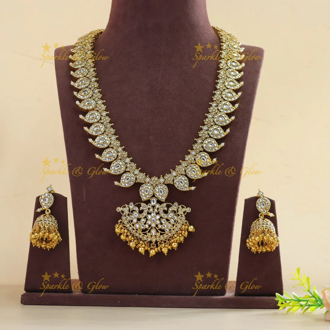 Exclusive Floral mango jadau long necklace with gold beads - Sparkle and Glow