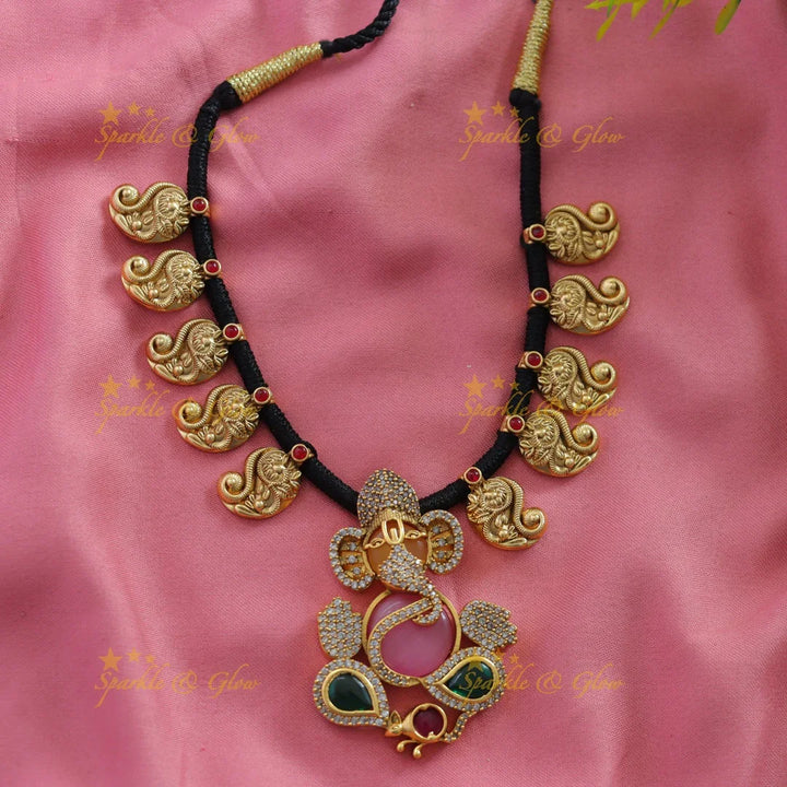 Beautiful Ganesha mango design black thread short necklace with multi colour stones - Sparkle and Glow