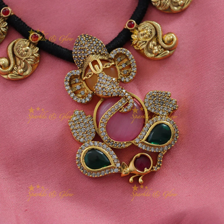 Beautiful Ganesha mango design black thread short necklace with multi colour stones - Sparkle and Glow