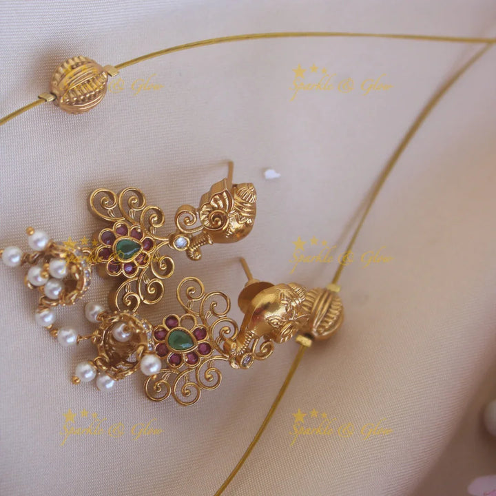 Elegant Elephant Floral carved Invisible Necklace with jhumuka drops - Sparkle and Glow