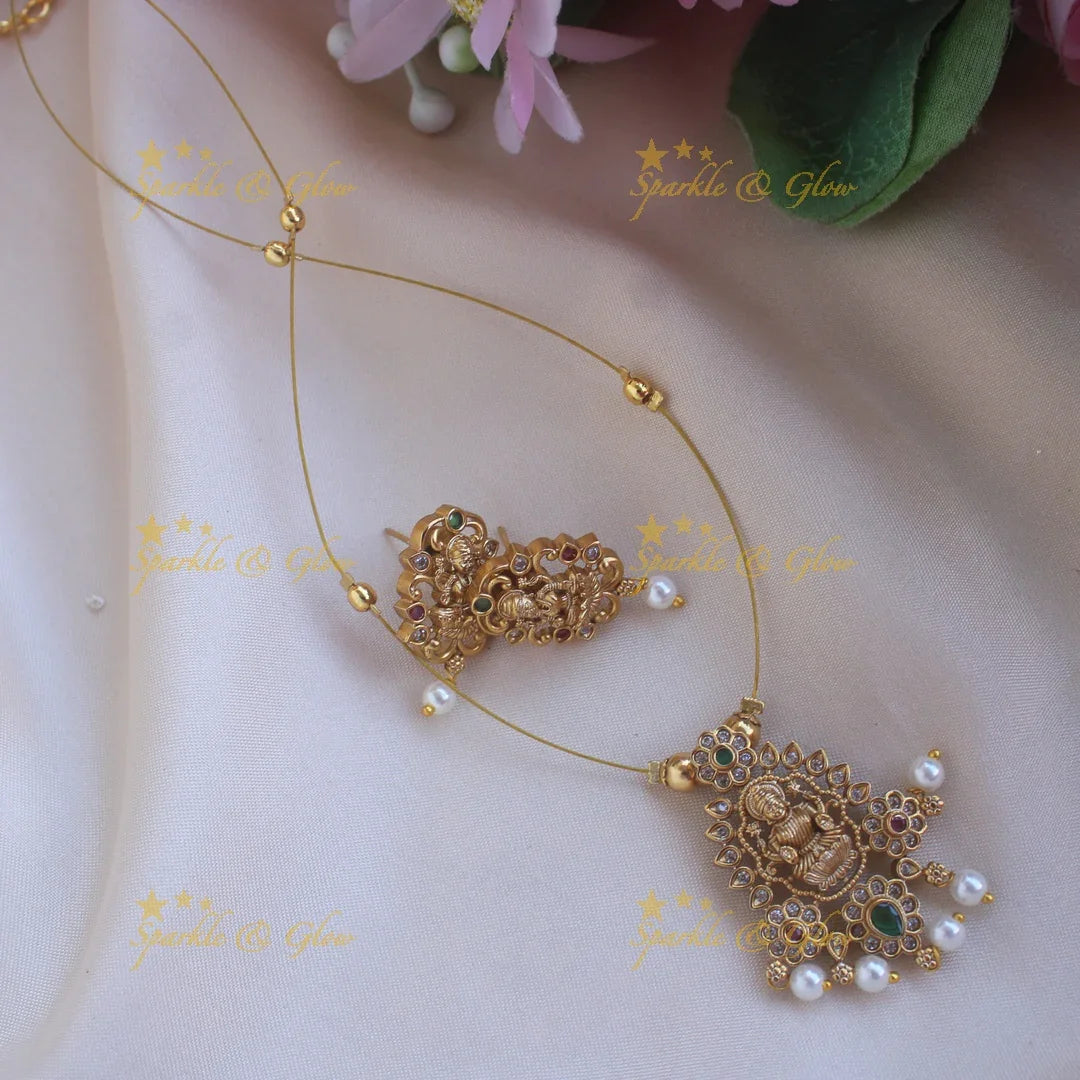 Idol Lakshmi Floral carved invisible necklace with AD stones - Sparkle and Glow