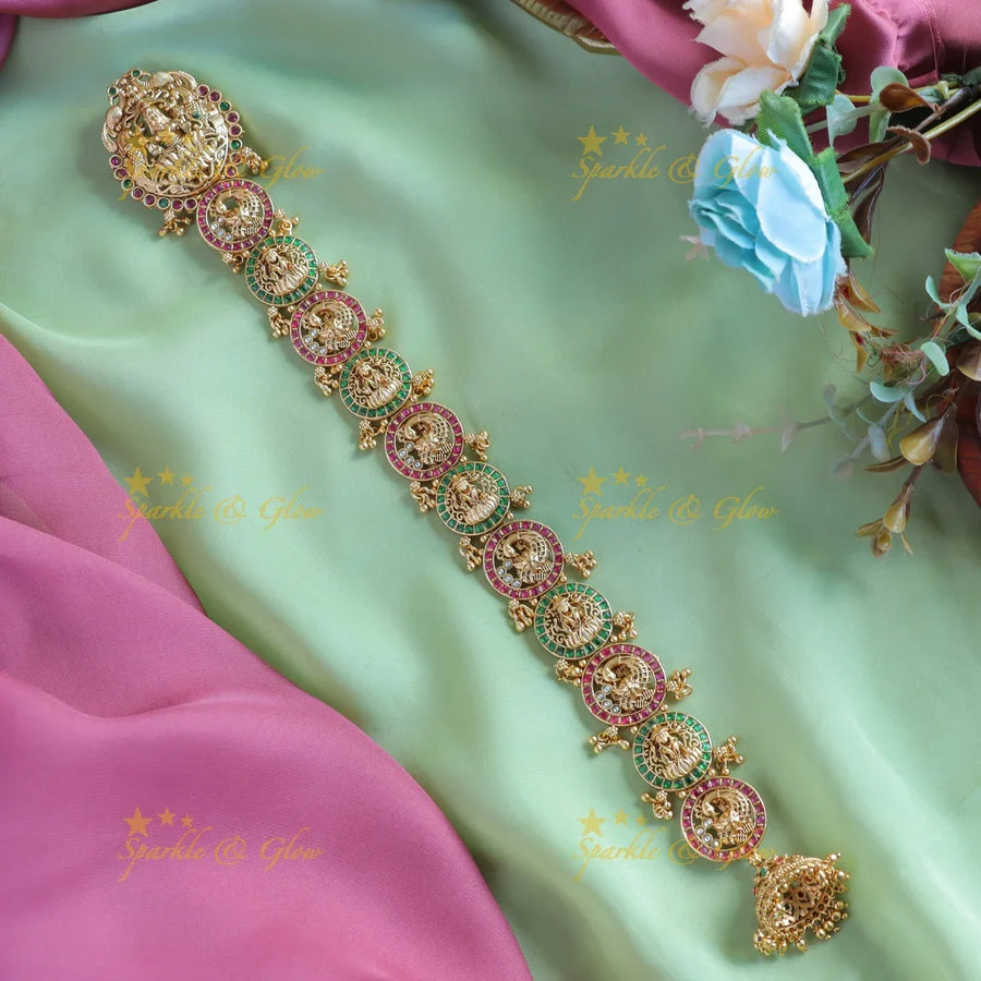 Grand Dual tone Idol Lakshmi peacock carved Bridal Jadabilla - Sparkle and Glow