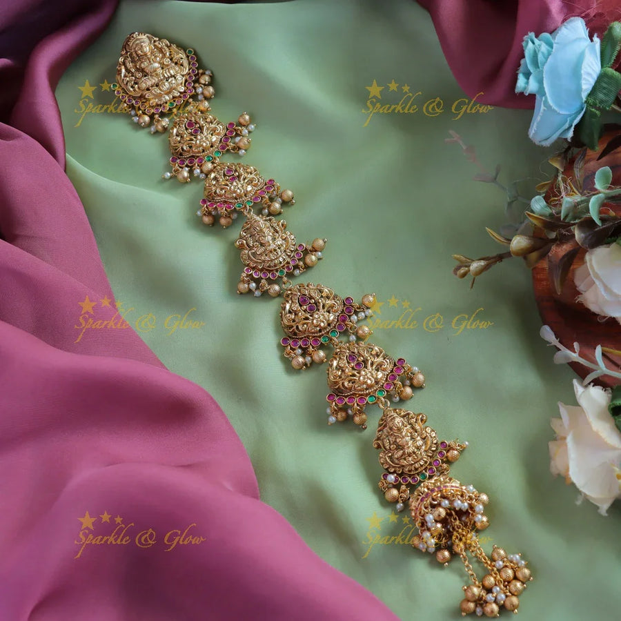 Elegant Idol Lakshmi Floral carved Bridal jadabilla with gold beads - Sparkle and Glow