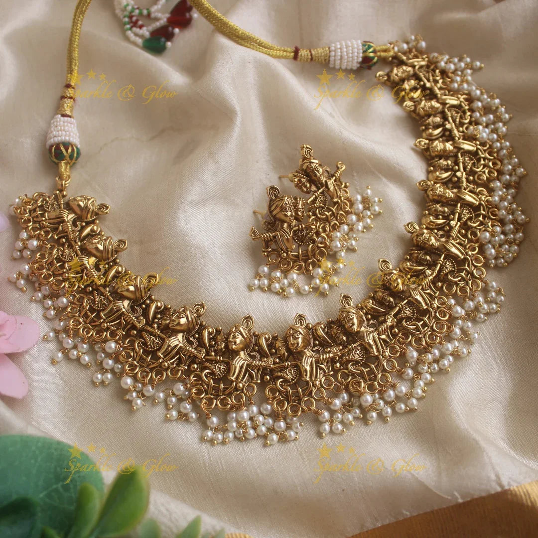 Beautiful Krishna plaving flute carved gutta pusalu short necklace - Sparkle and Glow