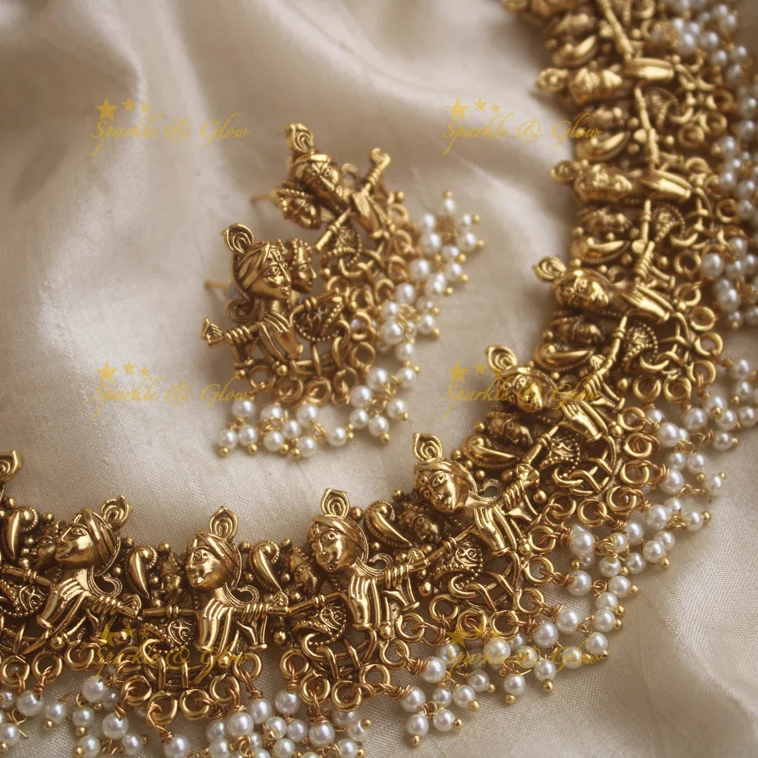 Beautiful Krishna plaving flute carved gutta pusalu short necklace - Sparkle and Glow