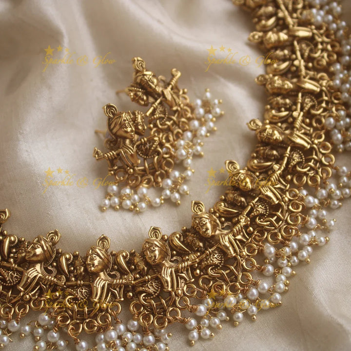 Beautiful Krishna plaving flute carved gutta pusalu short necklace - Sparkle and Glow
