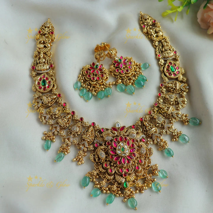 Gorgeous Lakshmi peacock floral jadau short necklace with mint green beads - Sparkle and Glow