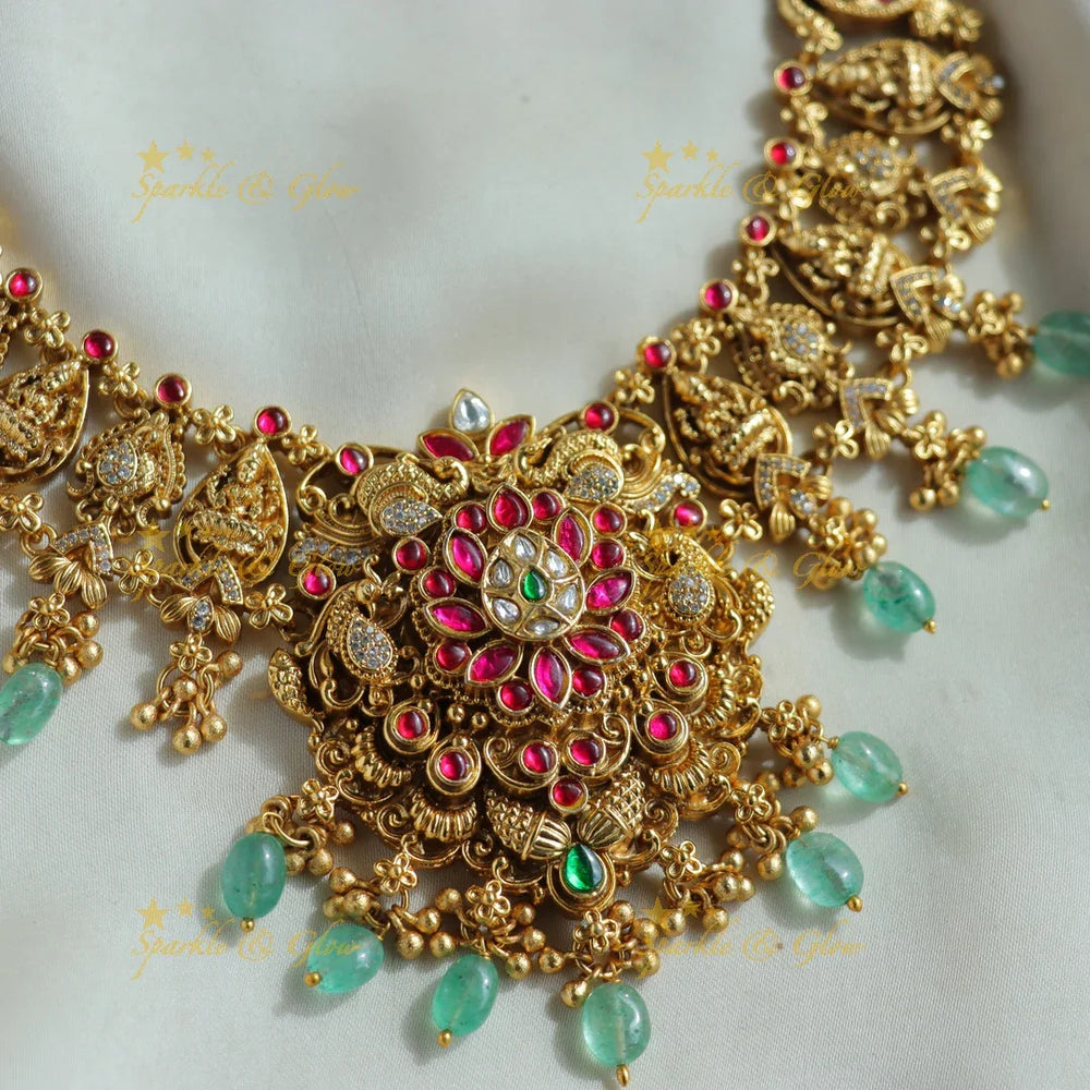 Gorgeous Lakshmi peacock floral jadau short necklace with mint green beads - Sparkle and Glow