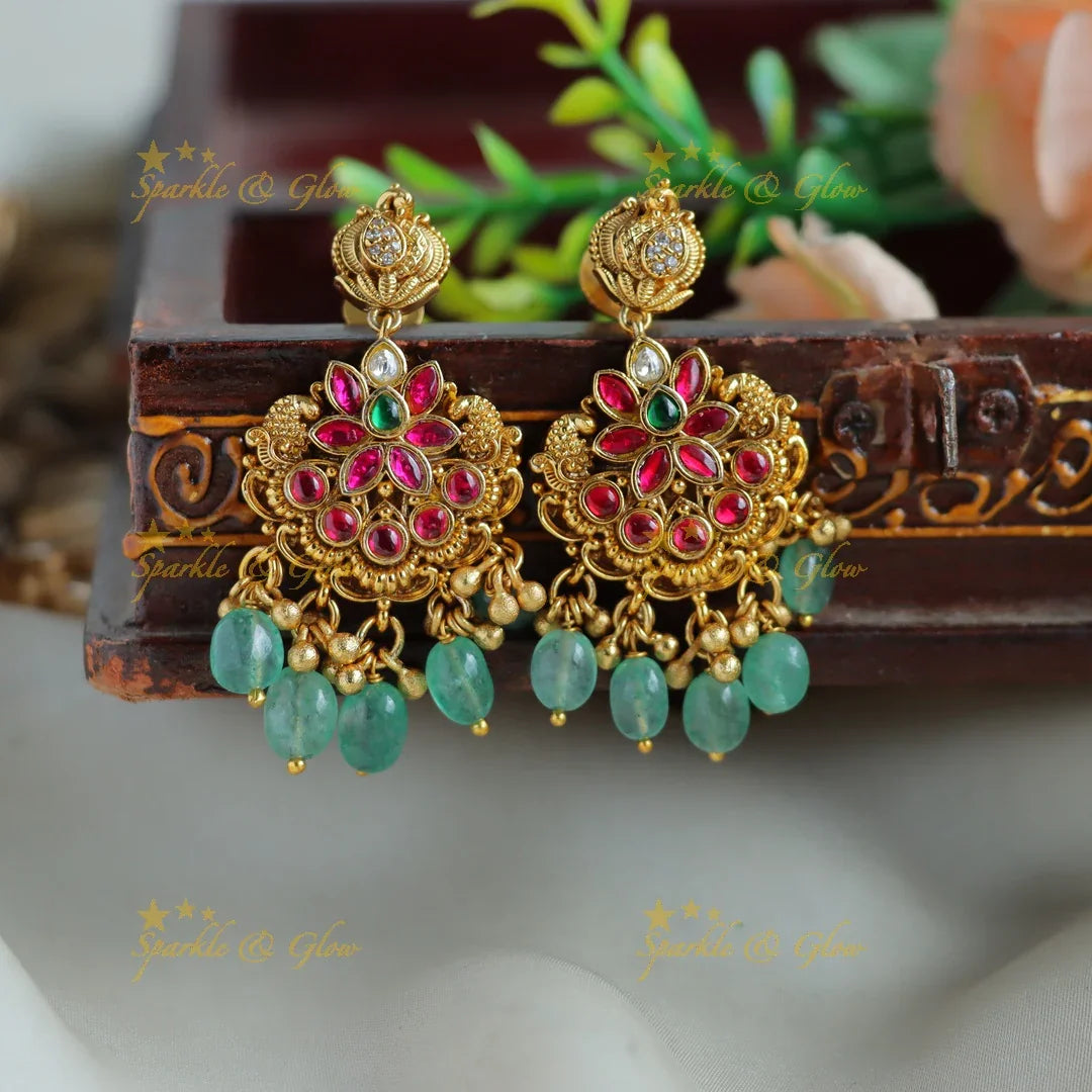 Gorgeous Lakshmi peacock floral jadau short necklace with mint green beads - Sparkle and Glow