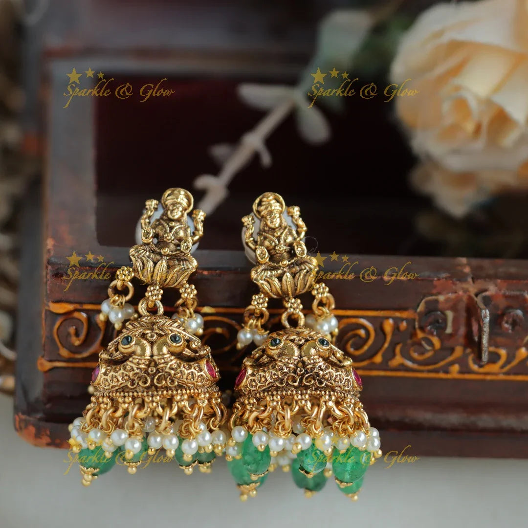 Grand Intricaate Lakshmi peacock carved short necklace with ruby emerald and mint green beads - Sparkle and Glow