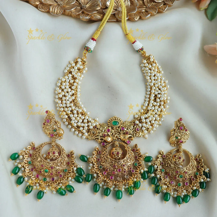 Elegant Peacock carved moon cluster pearl short necklace with green beads - Sparkle and Glow