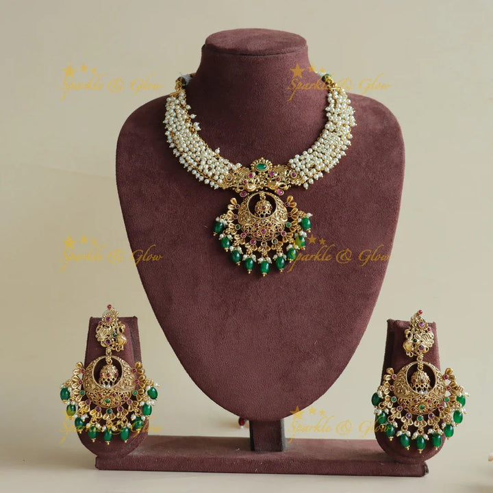 Elegant Peacock carved moon cluster pearl short necklace with green beads - Sparkle and Glow