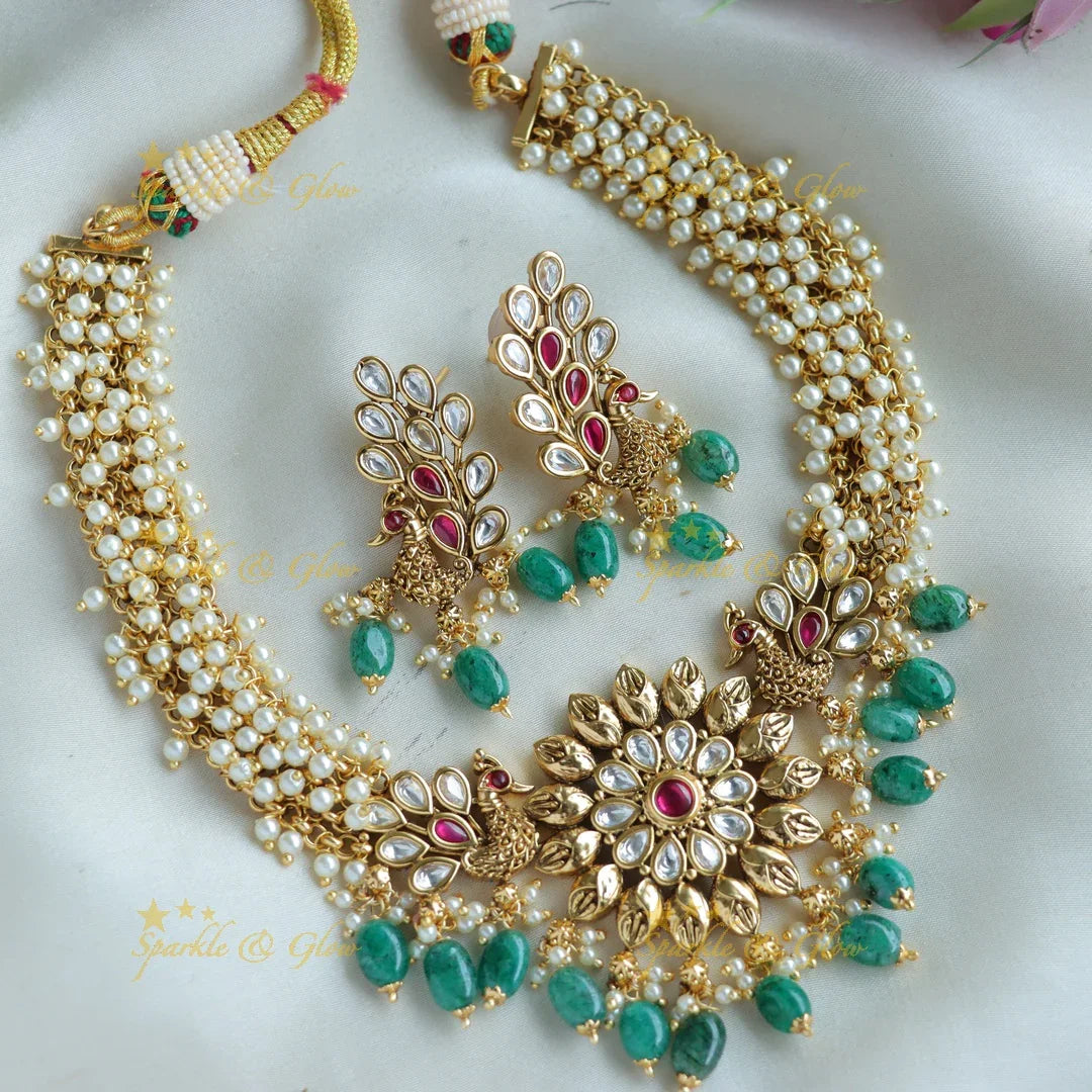Statement Floral peacock cluster pearl short necklace with green beads and stones - Sparkle and Glow