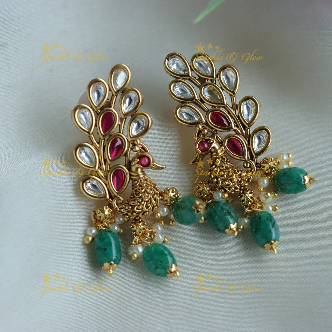 Statement Floral peacock cluster pearl short necklace with green beads and stones - Sparkle and Glow