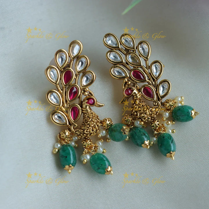 Statement Floral peacock cluster pearl short necklace with green beads and stones - Sparkle and Glow