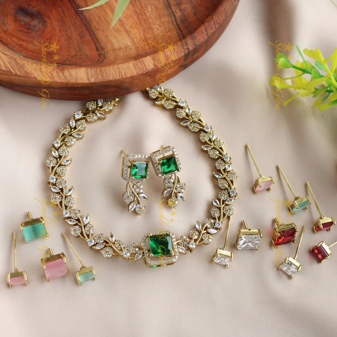 Stunning Branch design AD short necklace with multi colour interchangeable stones - Sparkle and Glow