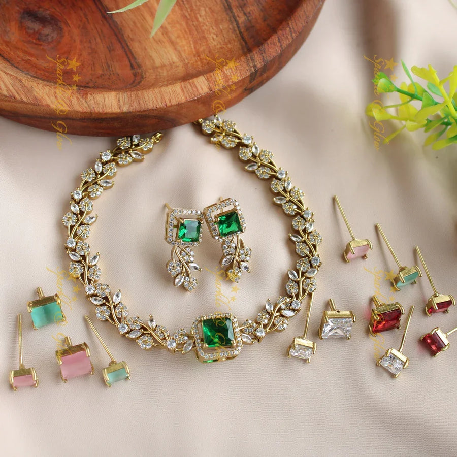 Stunning Branch design AD short necklace with multi colour interchangeable stones - Sparkle and Glow