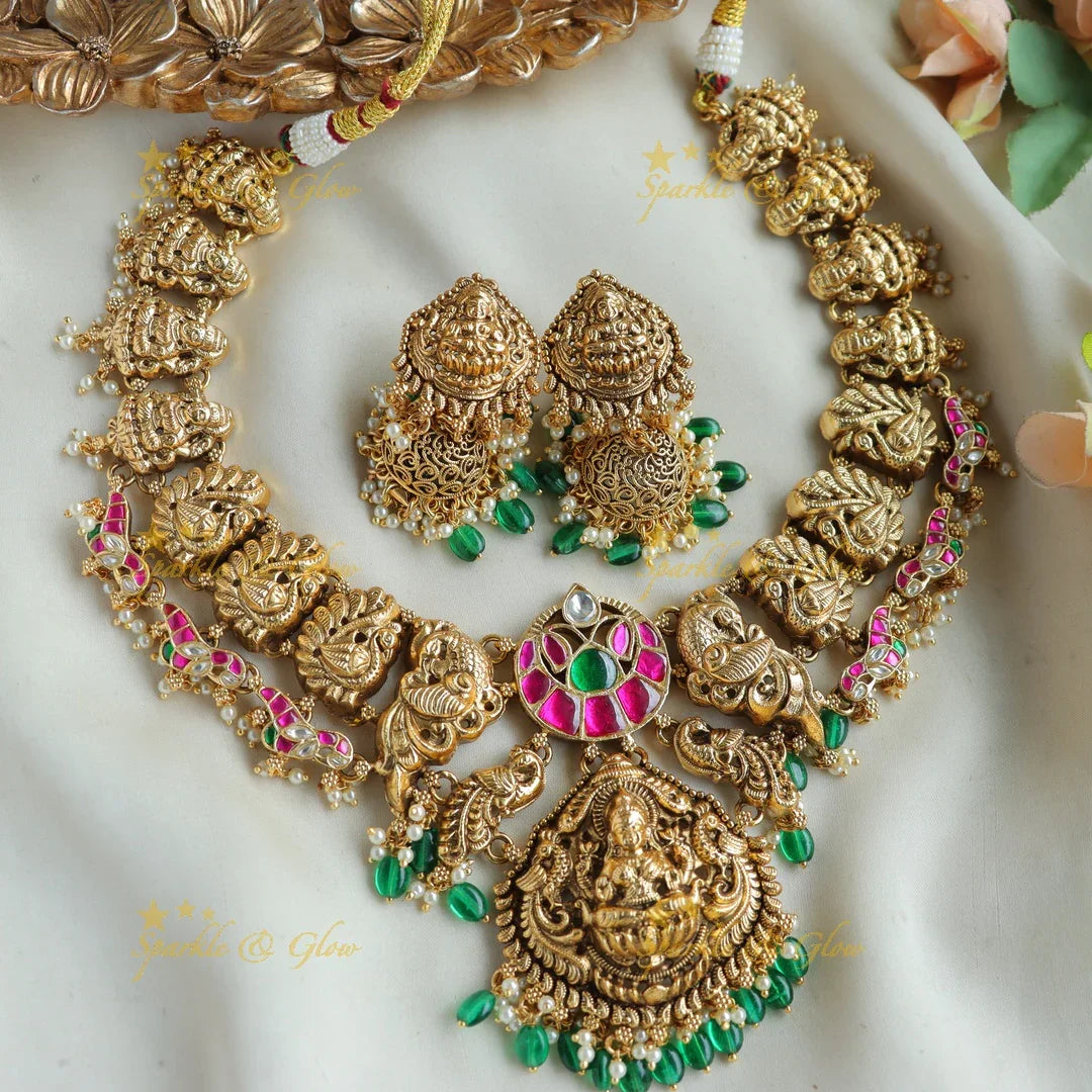 Exclusive Lakshmi peacock jadau short necklace with pearls and green beads - Sparkle and Glow